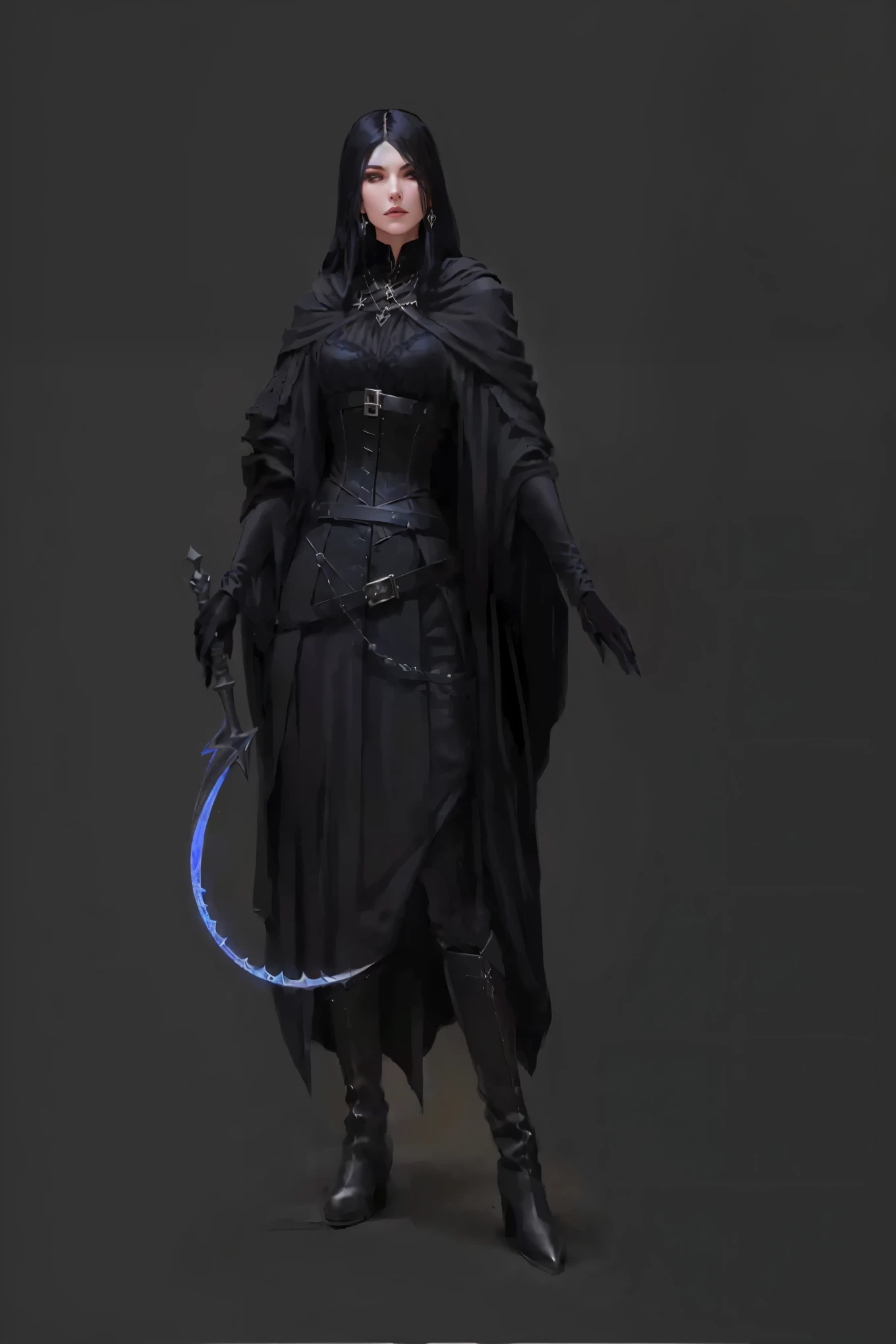 full length, thin sorceress with black hair, in medieval black neat clothes (black robe, a corset, belts, silver jewelry on the neck, high leather boots), holding a sickle in one hand, in another staff with a crescent-shaped pommel, look cute