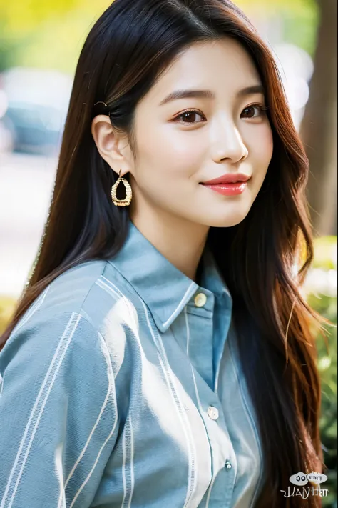 a woman with long hair wearing a striped shirt and earrings, jaeyeon nam, portrait of jossi of blackpink, lee ji - eun, lee ji-eun, park ji-min, portrait jisoo blackpink, jossi of blackpink, blackpink jennie, kim doyoung, heonhwa choe, portrait of female k...