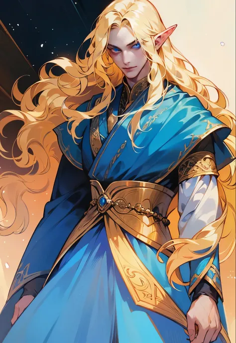 Highest quality, HD. A male elf with blond hair and blue eyes, long wavy hair, fair skin, very beautiful and handsome, noble, and gorgeously dressed.