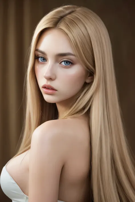 Spanish woman with realistic light brown eyes and long blonde hair