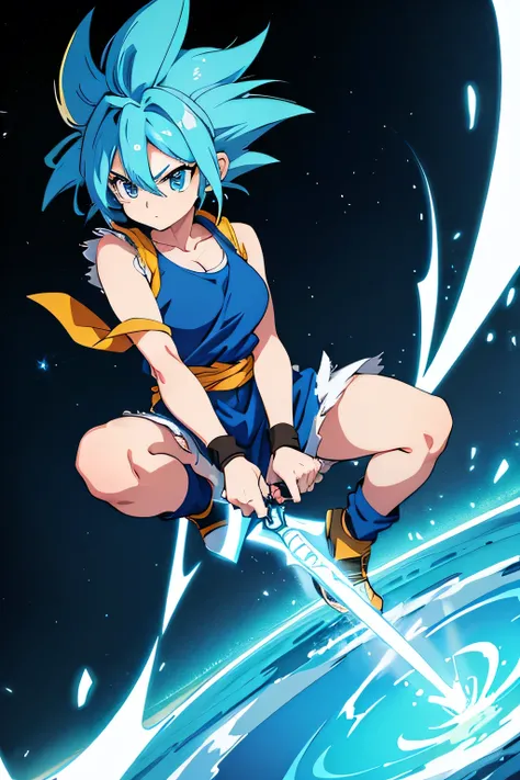 Draw an adorable character who has blue hair like Goku, who wears a light blue shirt with a light blue angel ring, who has an energy dagger looking at the camera with an epic pose. (look at the full body