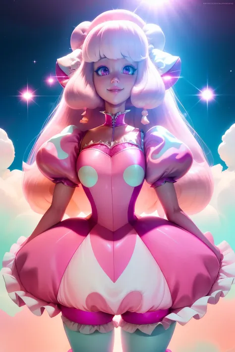 pnkdamond, pink hair, pink eyes,  big hair,  stomach gem,  pink skin,  toned, 
puffy short sleeves, elbow gloves ,  white thighh...