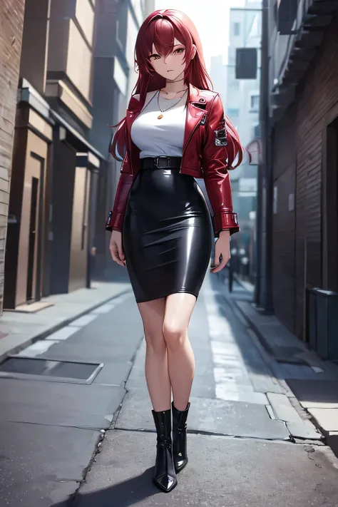 ((masterpiece, best quality, ultra-detailed)), beautiful woman looking at viewer, red leather jacket, black midi pencil skirt, long pencil skirt, leather boots, wearing headphones, necklace, full body, purple hair, city street, alleyway, night sky, blue li...
