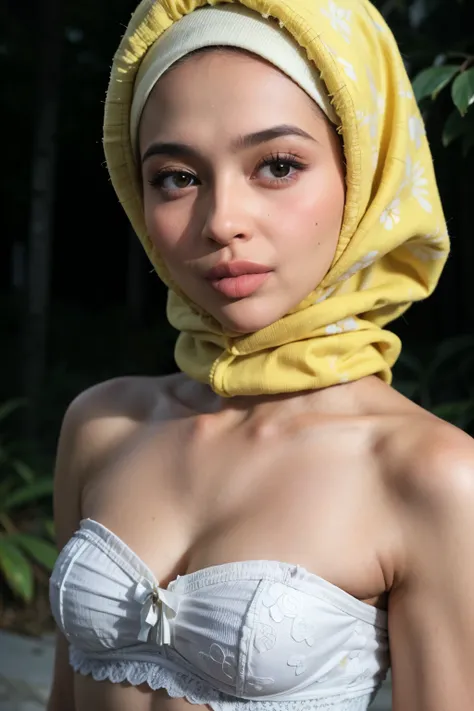 ((thick lips:1.7)), Lace, (Happy smile), (((HIJAB MALAY GIRL))), masutepiece, High quality, UHD 32K, Realistic face, Realistic skin feeling , A Japanese Lady, 8 years old, , Very cute and baby-like face, (((FLAT CHEST))), (Night time at forest), ((look In ...