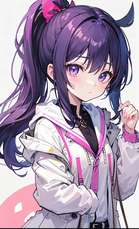 Dark purple high ponytail，Pink face peach，White coat，Sweet and cute girl