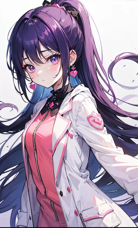 Dark purple high ponytail，Pink face peach，White coat，Sweet and cute girl