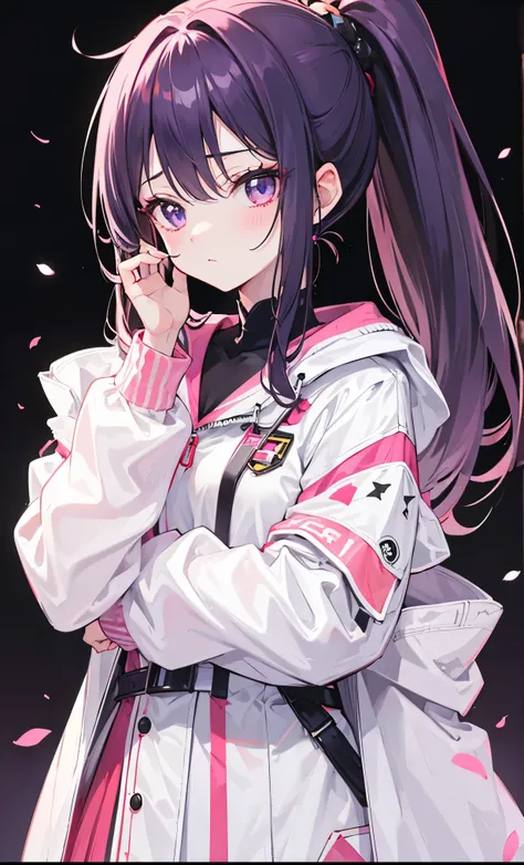 Dark purple high ponytail，Pink face peach，White coat，Sweet and cute girl