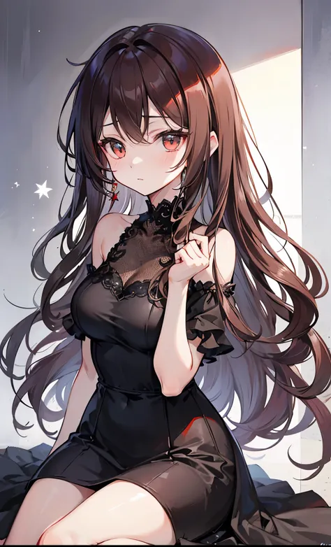 Red brown long wavy hair，Black dress，Sweet and shy female star