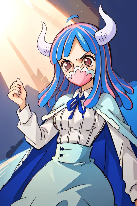 Alti OP, One Piece Anime,Small breasts, Multicolored Hair, Long Hair, Blue Hair, Pink Hair, bangs, horn, Blue Skirt, High Waist Skirt, White shirt, Long sleeve, Blue Cape, Beautiful lighting, Dutch Angle,, (masterpiece, Highest quality,Absurd: 1.2), Perfec...