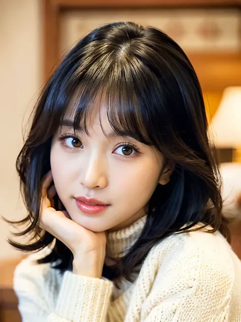 a close up of a woman with a sweater on posing for a picture, lalisa manobal, lalisa manoban of blackpink, fluffy bangs, cute korean actress, with full bangs, beautiful south korean woman, neat hair with bangs, she has black hair with bangs, with bangs, ji...