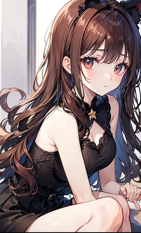 Red brown long wavy hair，Black dress，Sweet and shy female star