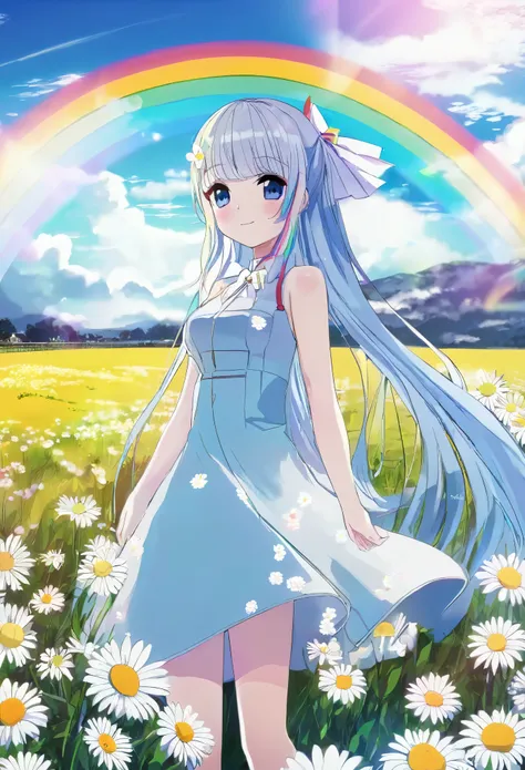 anime girl in a blue dress standing in a field with a rainbow in the sky, light blue long hair、smile、big vibrant rainbow、a field...