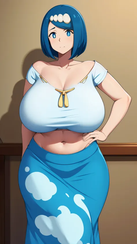 a sexy hawaiian girl, beautiful, big breast, beautiful, bright blue hair, round cut, her blue eye, she wears a white shirt, show...