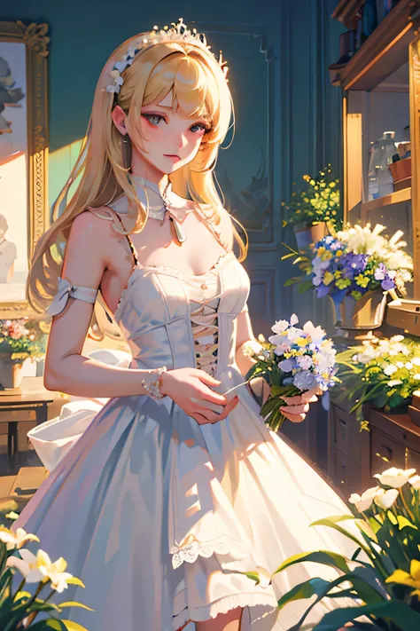 Very delicate and beautiful, wonderful, In detail, masterpiece, Very detailed, High resolution,Best illustrations, Best Shadow,Complex,Sharp focus,  high quality, 1 female, alone, Blonde. Red eyes, Kaveh Genshin Impact, Florists storefront, Potted flowers,...