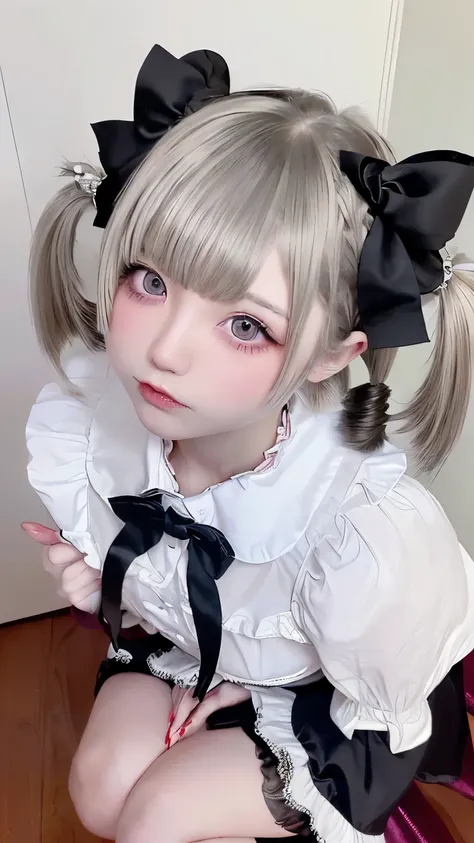 (Highest quality、masterpiece、Very detailed、One Girl、Cute Face、Silky Short Blonde、(((short hair with twin tails、Short Bob Twin Tail)))、Grey Eyes、From the knee up、Gothic Lolita Fashion、Very detailed目、Small red cheeks and nose、Cute Face、