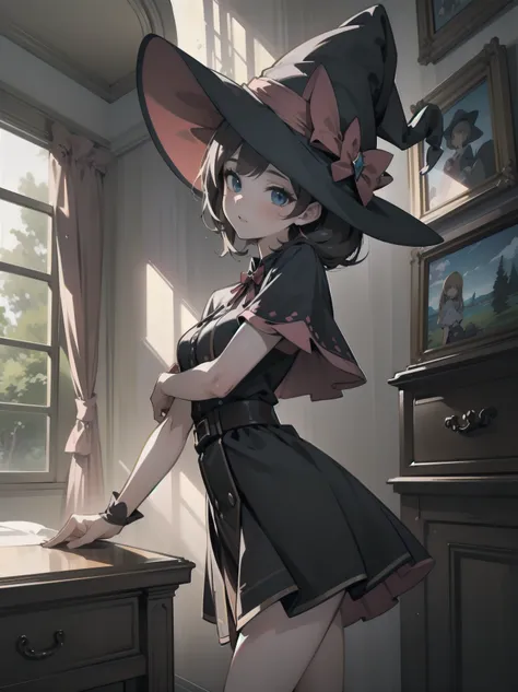 masterpiece, illustration, super detailed, kawaii, one girl, solo, witch in super cute pose, bed room, cowboy shot  ,sfw, dynami...