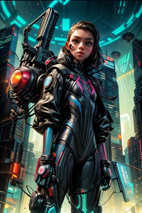 appearence a 13 years old teenage girl,calm,quiet,cute,pretty,full body,looking ahead,short hair combed back,,spider verse suit,serious look,cyberpunk background 