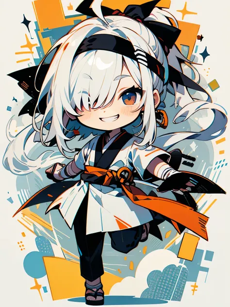 (chibi),solo,males face,(white hair over one eye:1.2),(low very long ponytail),black hachimaki,grin,white Bandaged clothes,fullbody