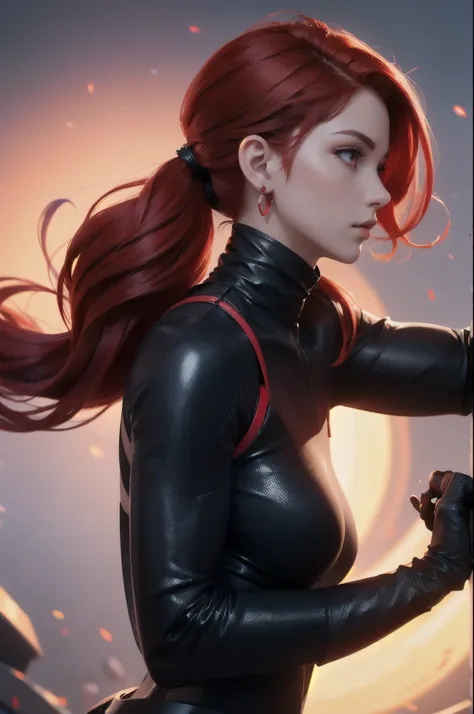 girl with low cut red hair, red eyes, futuristic vibes,  side profile view, earings, 8k, high quality, simple background, glowing eyes, nice pose