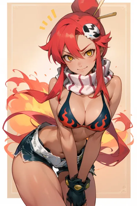 1girl, bikini, breasts, dark skin, gloves, flame print, hair ornament, long wave hair, white hair, scarf, shorts,  evil face, smirk, yellow eyes(empty eye), half-closed eyes, yoko littner, yokoli, best quality, masterpiece, sky, weakly, standing, 