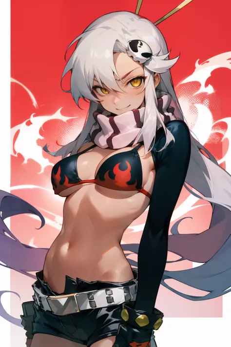 1girl, bikini, breasts, dark skin, gloves, flame print, hair ornament, long wave hair, white hair, scarf, shorts,  evil face, smirk, yellow eyes(empty eye), half-closed eyes, yoko littner, yokoli, best quality, masterpiece, sky, weakly, standing, 