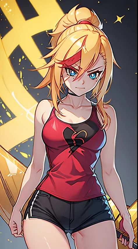 young girl,  ultrs long blonde hair, Hairpin with a bundle, turquoise eyes, Yakuza tattoos, red tight uniform, Sleeveless, Wide neckline on the chest to the abdomen, Gold Elements, Red gold armor, Shorts, claws, smirk, Masterpiece, hiquality, 4k, HD, Good ...