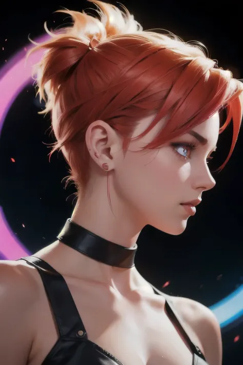 girl with low cut hair, red eyes, futuristic vibes, side profile view, earings, 8k, high quality, simple background, glowing eyes, nice pose