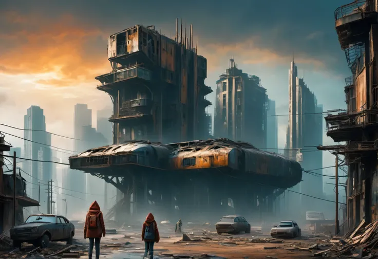 image taken of a girl wearing a hoodie and short, torn dirty clothes, She is wandering among the buildings of an abandoned, ultra-futuristic North American megalopolis city, nuclear apocalypse environment, the dystopian city, has many tall, dystopian metal...
