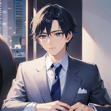 (looking away:1.5),upper body、
shiny skin, masterpiece、Highest quality、(25-year-old male:1.5) and (Black short hair) and (blue eyes)
 (Wearing a suit:1.5) and (Blue tie)、
serious、Background is an office room、(Alone:1.5)