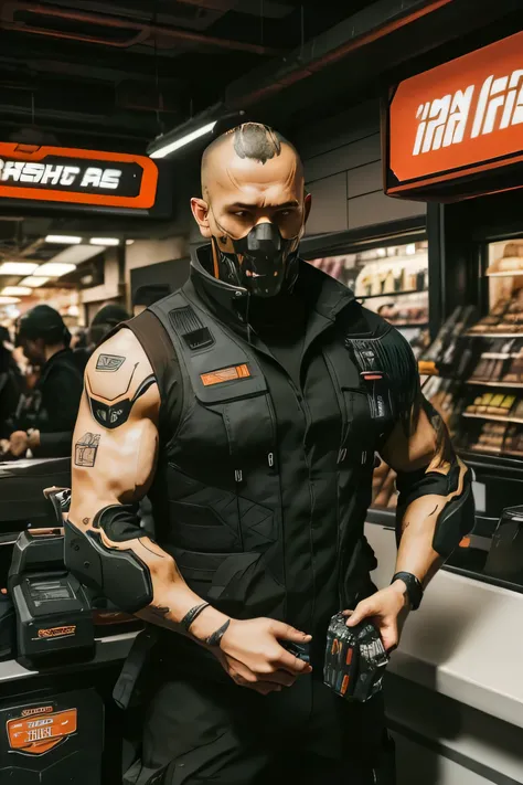 tall and big、Sporty healthy man, network_mark, Cybernetic_No jaw, Mechanical Parts, networknetic, urban Technical clothing, Technical clothing, Cyberpunk, Tactical Vest, Ammunition belt on vest, Cyberpunk clothing, Cyberpunk themes, Busy networkpunk bazaar...