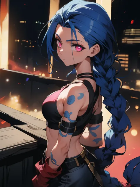 (A high resolution), (absurderes), (Best quality), (High quality), (Masterpiece), (1boy), , Glowing eyes, Pink eyes, Blue hair, Long hair, Double up braid, Jinx (League of Legends), arm tattoos, Crop top, Medium breasts, arms back behind,