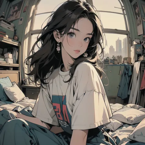 sitting on the couch in the living room、One woman, (((Perfect very beautiful face)))、(((東京のrooftopパティオ))), Japanese Apartment, rooftop, Cyberpunk settings, Old house. Lo-fi portrait by the window, Cozy place, Post-apocalyptic perspective, Cyberpunk Apartme...