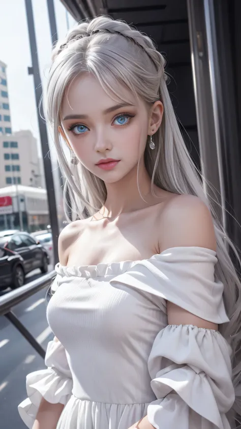 Iris heterochromatic pupil，silver-haired girl，free high resolution,Off-the-shoulder semi-transparent pure white dress