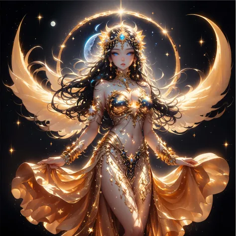 A woman in a golden dress stands in front of a starry sky., celestial goddess, beautiful heavenly mage, gorgeous goddess of leo, Argerm Julie Bell Beeple, goddess of light, moon goddess, as the goddess of the sun, Carole Bak and Peter Mohbacher, goddess. V...