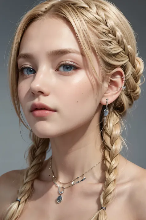 blonde with braids, hoop earings, eyes browns, nails painted white, necklace on the neck