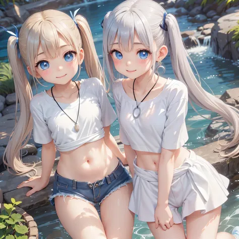 twin tails、thin and soft hair、dynamic、earrings、necklace、beautiful glowing white skin,、 bright, refreshing and gentle look, perfe...