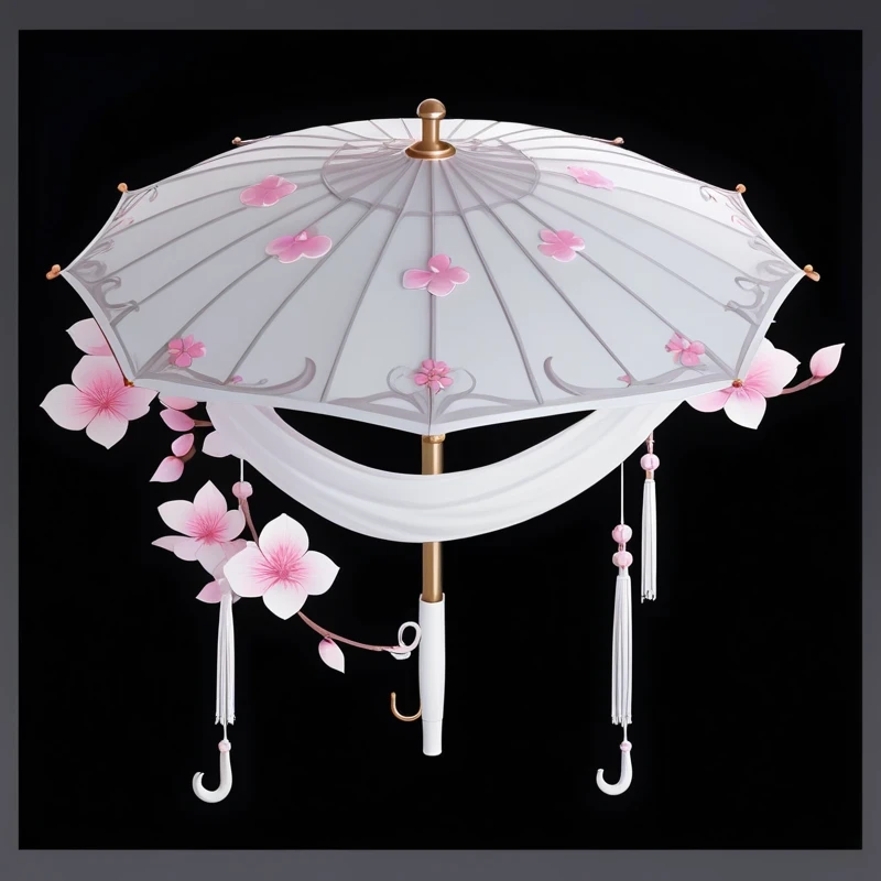 there is a white umbrella with pink flowers on it, 阳umbrella, Onmyoji detailed art, Concept Art, umbrella, Concept Art, 阳umbrellas, an umbrella top, Concept Art!, object Concept Art, depicted as a 3 d render, Concept Artwork, mushroom umbrella, drizzle, um...