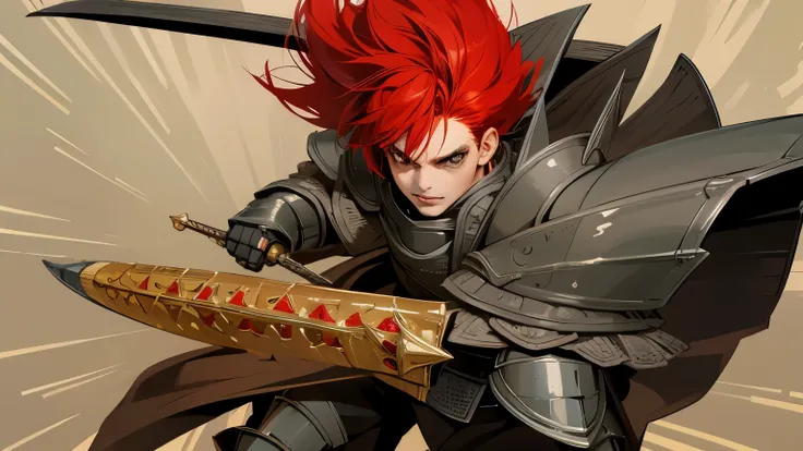 Very high quality, anime style, 4k, Masterpiece of the highest quality, extreme attention to detail on hands and face, extreme attention to detail in eyes, single character full body art, A Red-haired Male Warrior with honey eyes in black leather and bronz...