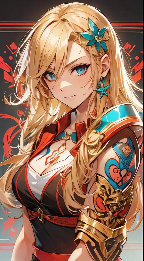 young girl, longue blonde hair, Hairpin with a bundle, turquoise eyes, Yakuza tattoos, red tight uniform, Sleeveless, Wide neckline on the chest to the abdomen, Gold Elements, Red gold armor, Shorts, claws, smirk, Masterpiece, hiquality, 4k, HD, Good detai...