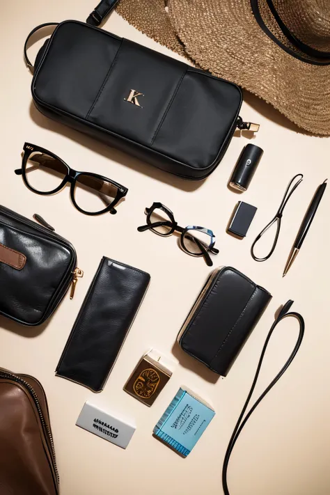 travel essentials flat lay with no human model in top view and in 8k resolution and super sharp images