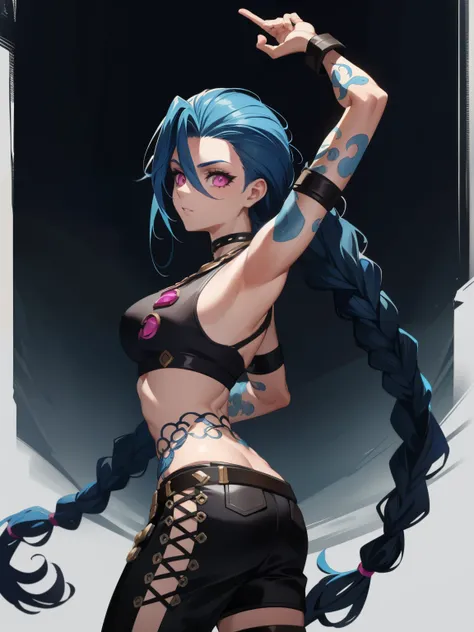 (A high resolution), (absurderes), (Best quality), (High quality), (Masterpiece), (1boy), , Glowing eyes, Pink eyes, Blue hair, Long hair, Double up braid, Jinx (League of Legends), arm tattoos, Crop top, Medium breasts, arms back behind,