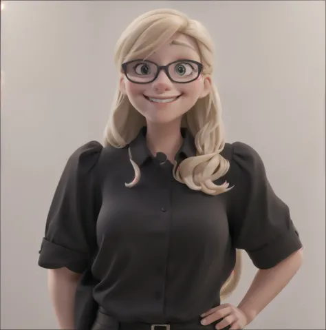 blonde woman smiling with glasses and black shirt 