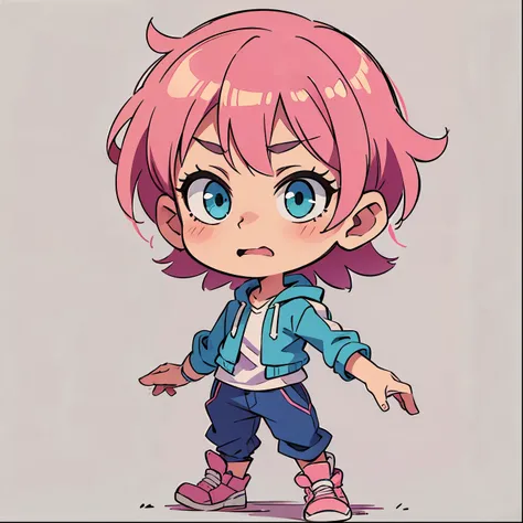 ((Cool expression))、Pink hair、short hair、Blue-green eyes、Simple clothes