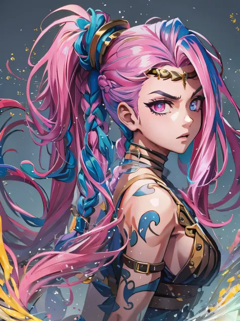 (A high resolution), (absurderes), (Best quality), (High quality), (Masterpiece), (1boy), , Glowing eyes, Pink eyes, Blue hair, Long hair, Double up braid, Jinx (League of Legends), arm tattoos, Crop top, Medium breasts, arms back behind,