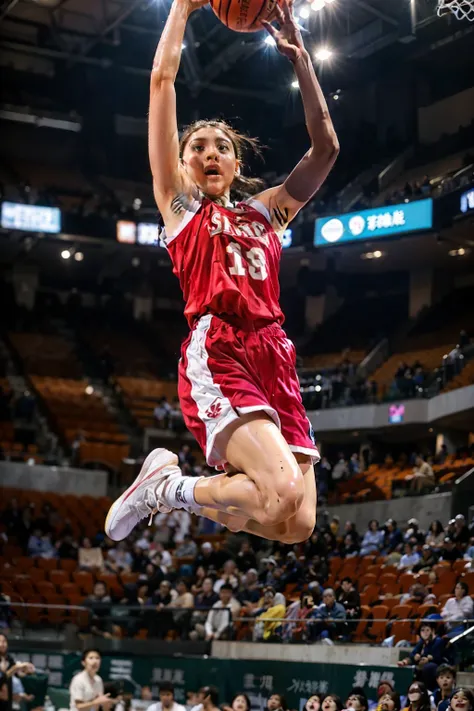 ((女子バスケットball選手))、(the moment the slam dunk is decided:1.4)、(dunk shot:1.4)、(jumping chute:1.4)、(goal post、ball)、young and beaut...