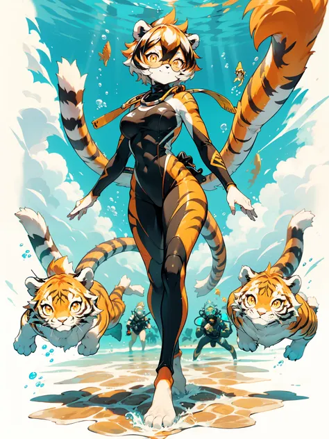 white background, full body,1girl，solo, Standing, animal ears, white hair, black hair, short hair, large breasts, Abdominal muscles,, tail, orange eyes, orange hair, multicolored hair, tiger girl, hair between eyes, tiger_ears, tiger_tail, orange-tinted_ey...