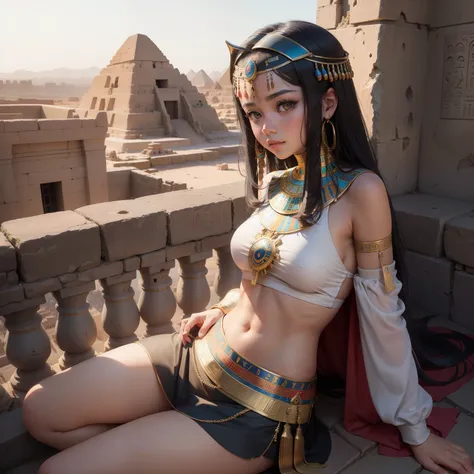 Cute Ancient Egyptian Girl、A hill overlooking the colorful temples of ancient Egypt、A colorful view of the whole city