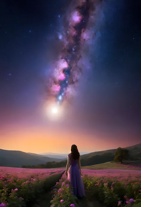 expansive landscape photograph , (a view from below that shows sky above and open field below), a girl standing on flower field looking up, (full moon:1.2), ( shooting stars:0.9), (nebula:1.3), distant mountain, tree BREAK
production art, (warm light sourc...