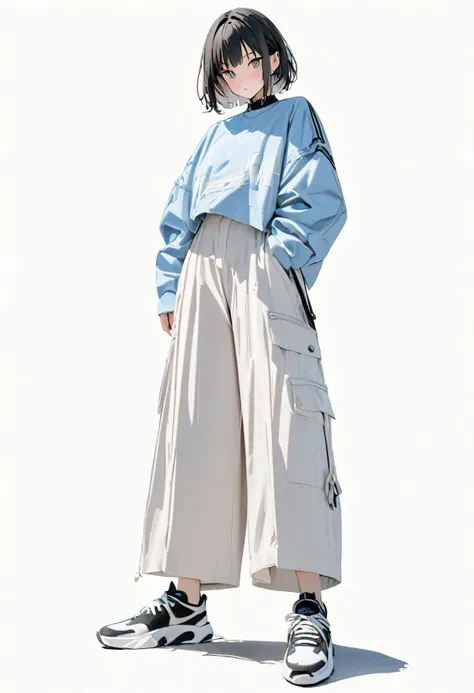 (Masterpiece, Best picture quality: 1.2, 8K), centered, full length, one girl, cool fashion, wide pants, simple sneakers, simple background, white blank white background #ffffff,, eyes open