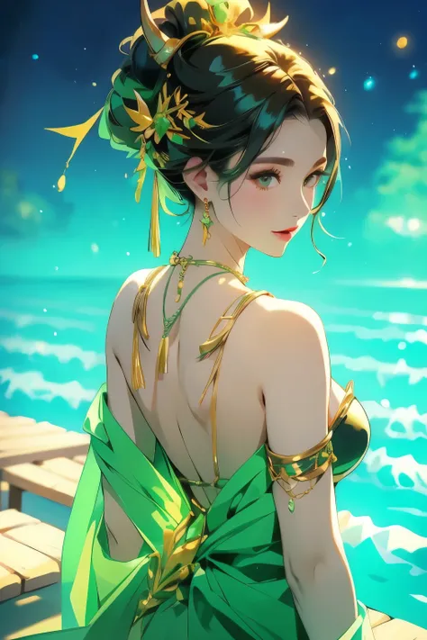 one woman、gorgeous green swimsuit、,race,black hair、short bun hair、hair ornaments、necklace、back、golden devil horns、anatomically c...